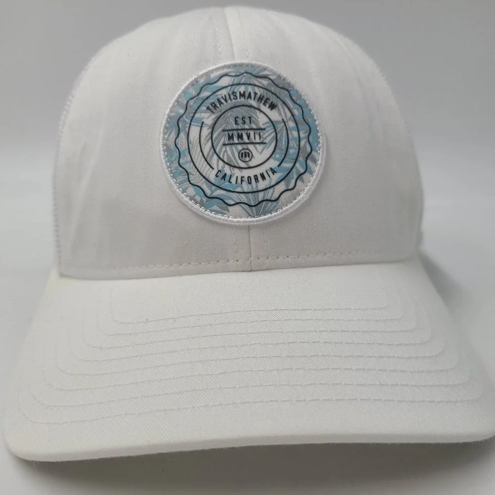 Travis Mathew Hat Snapback Trucker Mesh White Blue California Golf Palm Tree Men